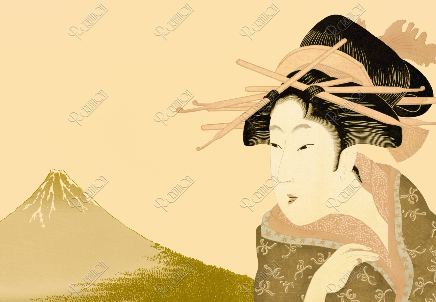浮世絵の女性と富士山