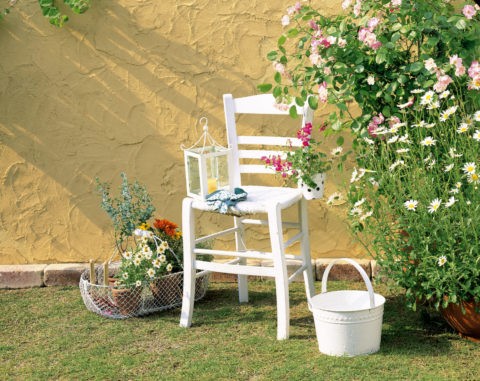 花と白い椅子