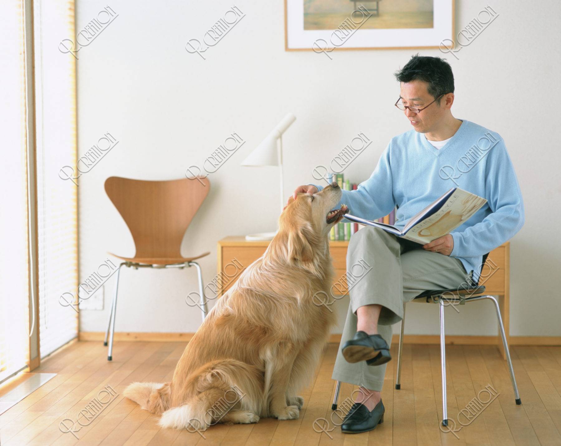 本を見る男性と犬