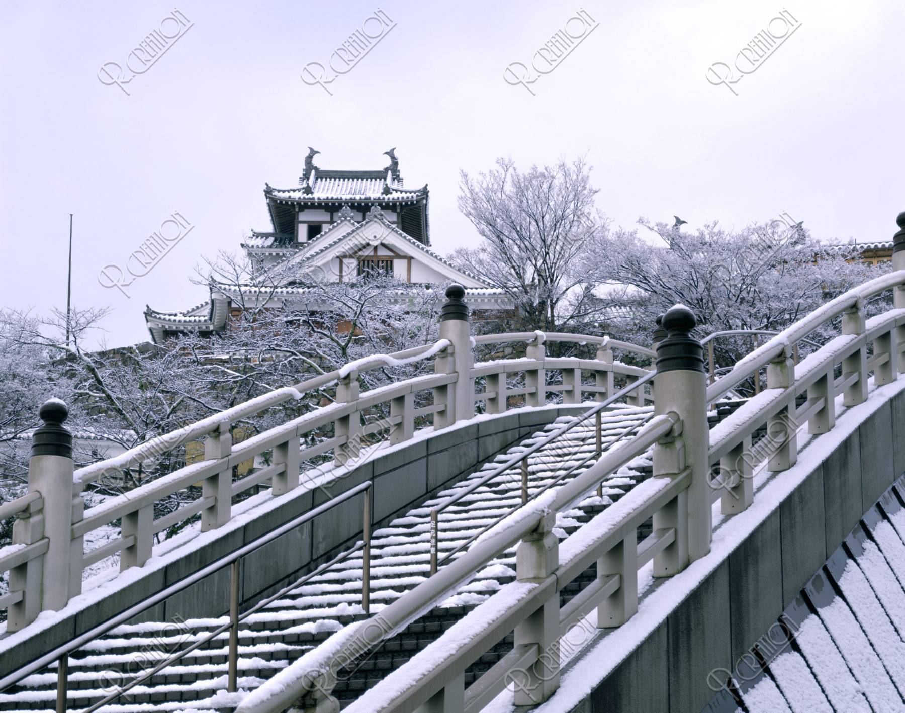 雪の昇龍橋と福知山城