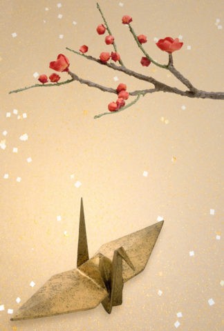 正月 紅梅と折り鶴（ＣＧ合成）
