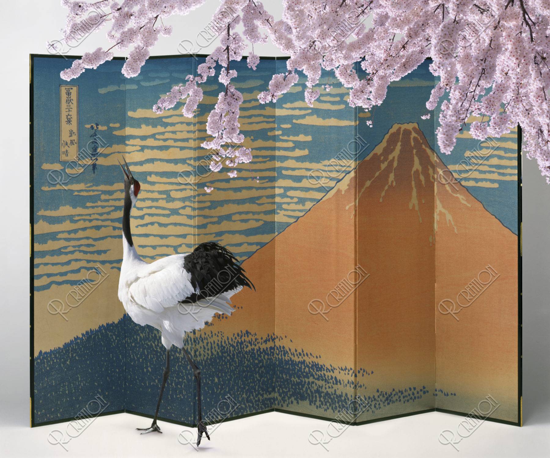 桜 タンチョウヅル ツル 屏風 富士山 合成