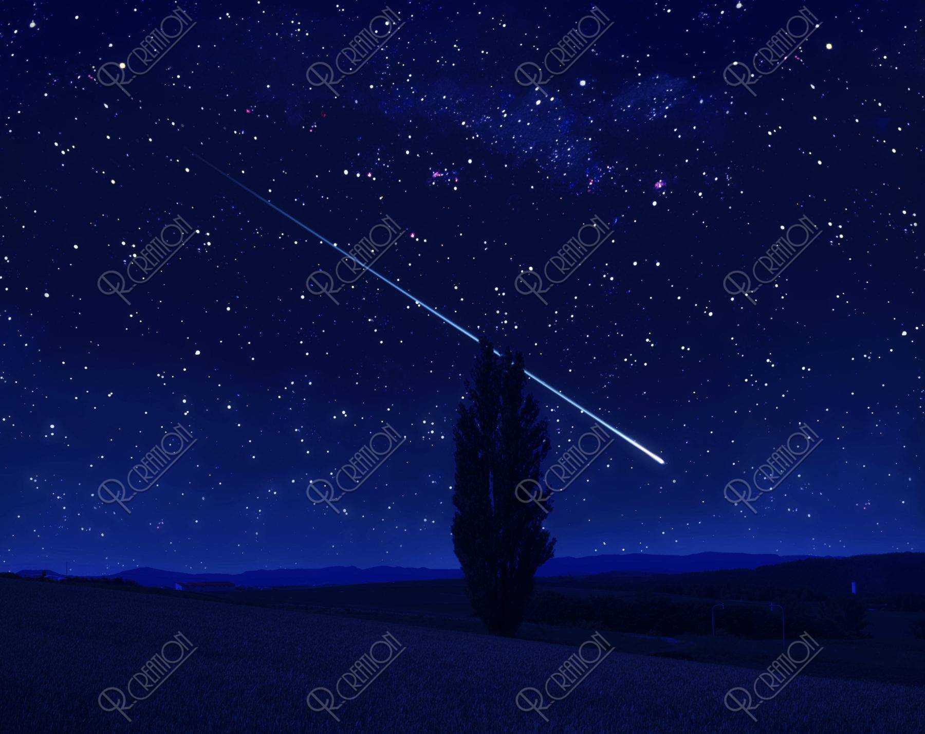 星空 流れ星 夜景 丘 木 合成 ストックフォト アールクリエーション