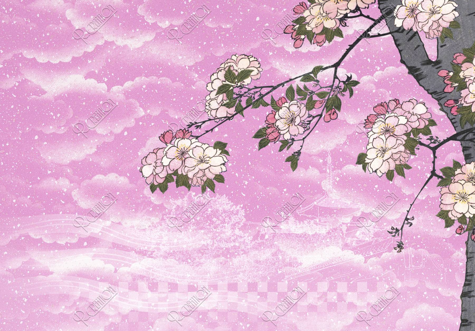 浮世絵の桜と京都の町並み 和風イメージ ｃｇ ストックフォト アールクリエーション