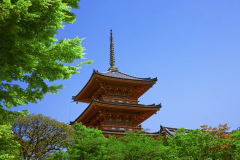 新緑の清水寺三重塔 世界遺産