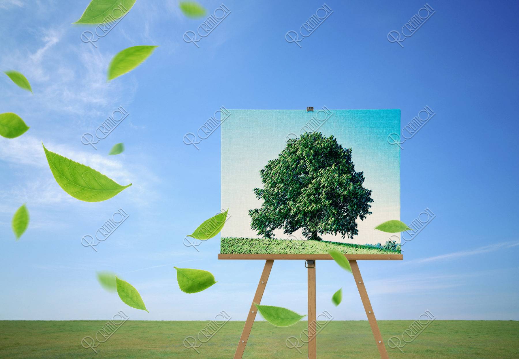緑の丘と大樹の絵 ストックフォト アールクリエーション