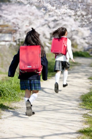 桜の道を走る小学生