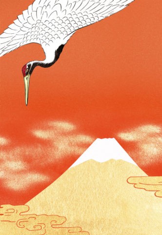 富士山に鶴 赤バック