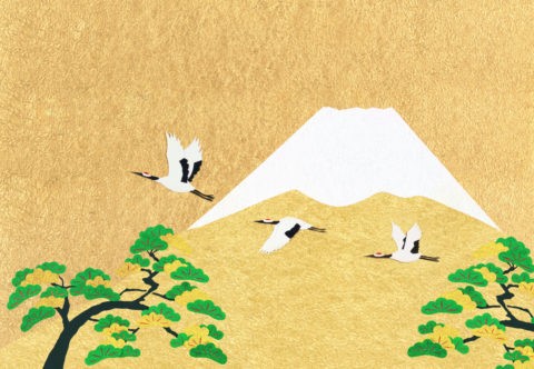 富士山とタンチョウヅルと松