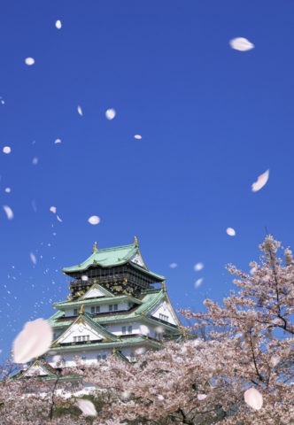大阪城と桜吹雪