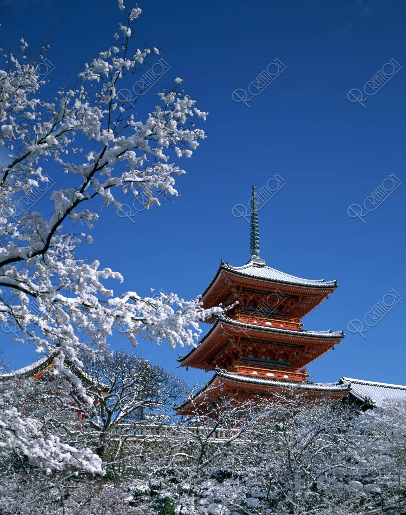雪の清水寺三重塔