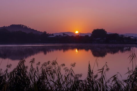朝靄かかる広沢池と日の出